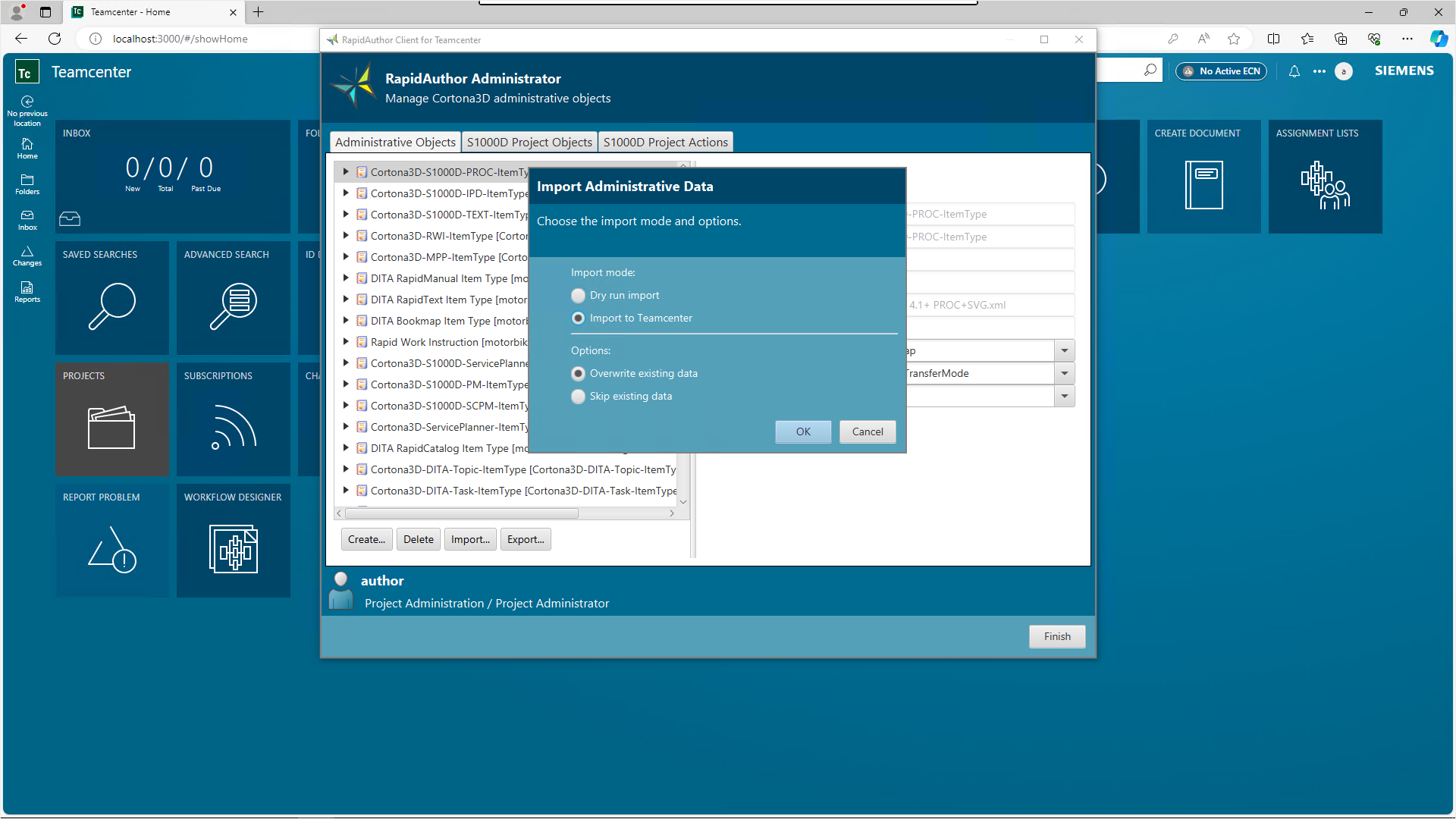 Import and Export of Administrative Objects in RapidAuthor for Teamcenter