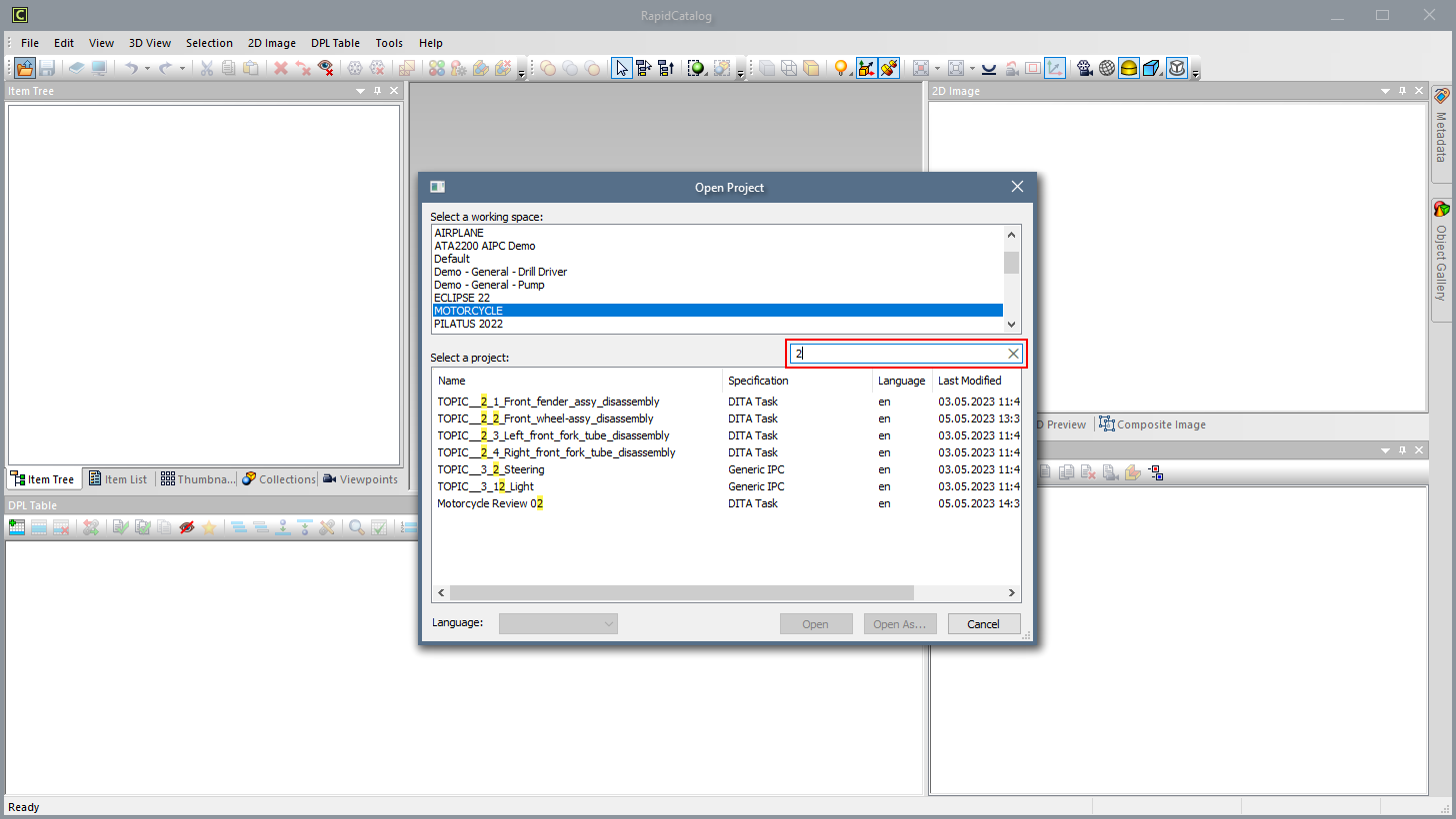 Searching by project name in the Open Project dialog.